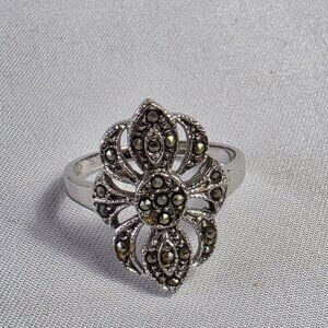 Vintage Maja Marcasite Ring Silver Tone & Black Thailand Size 7